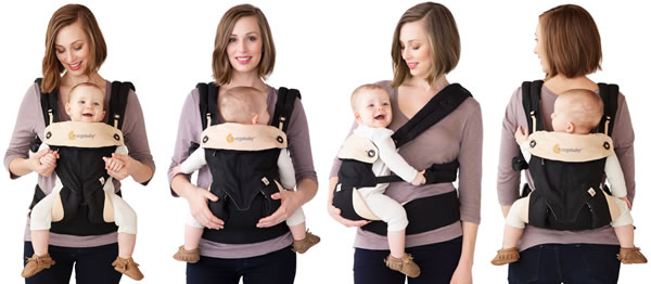 Mujer con porta bebés en distintas posiciones 