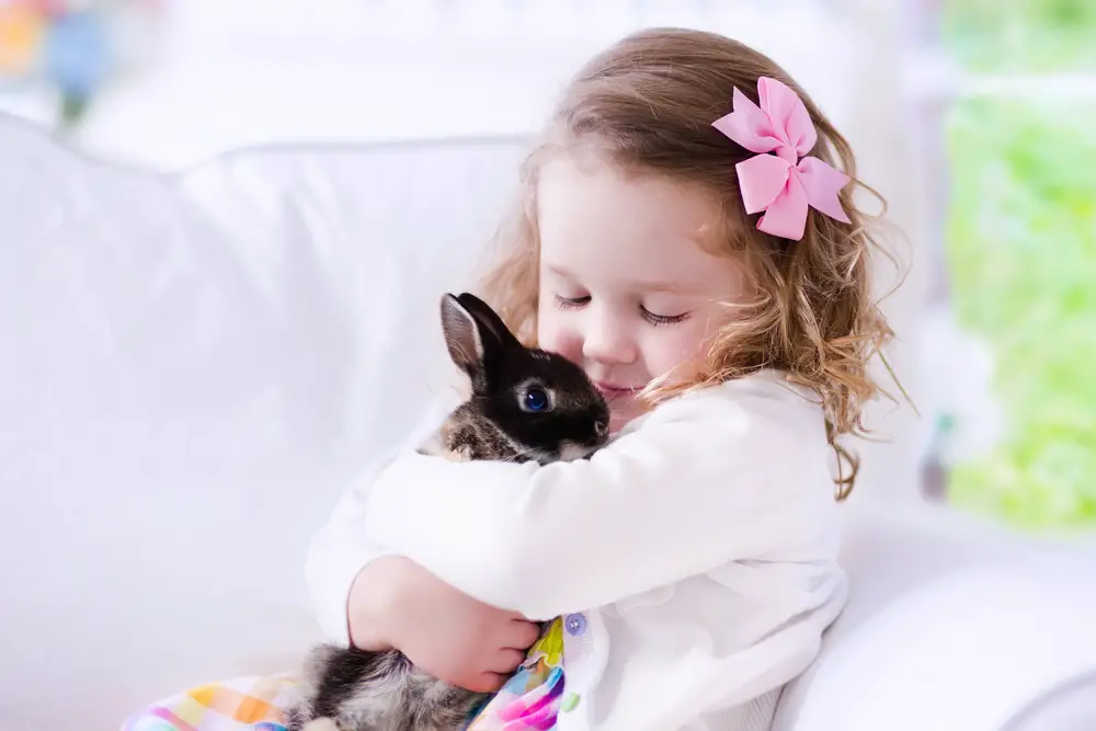 niña abrazando a un conejo