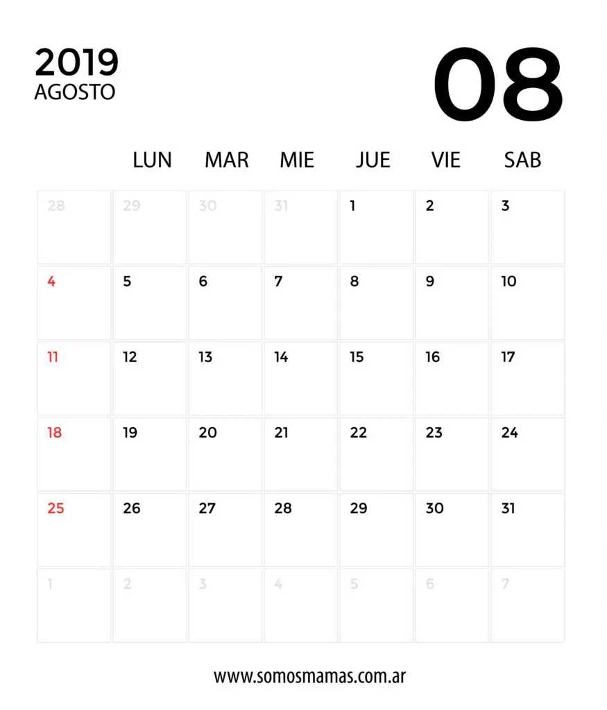 calendario 2019 agosto