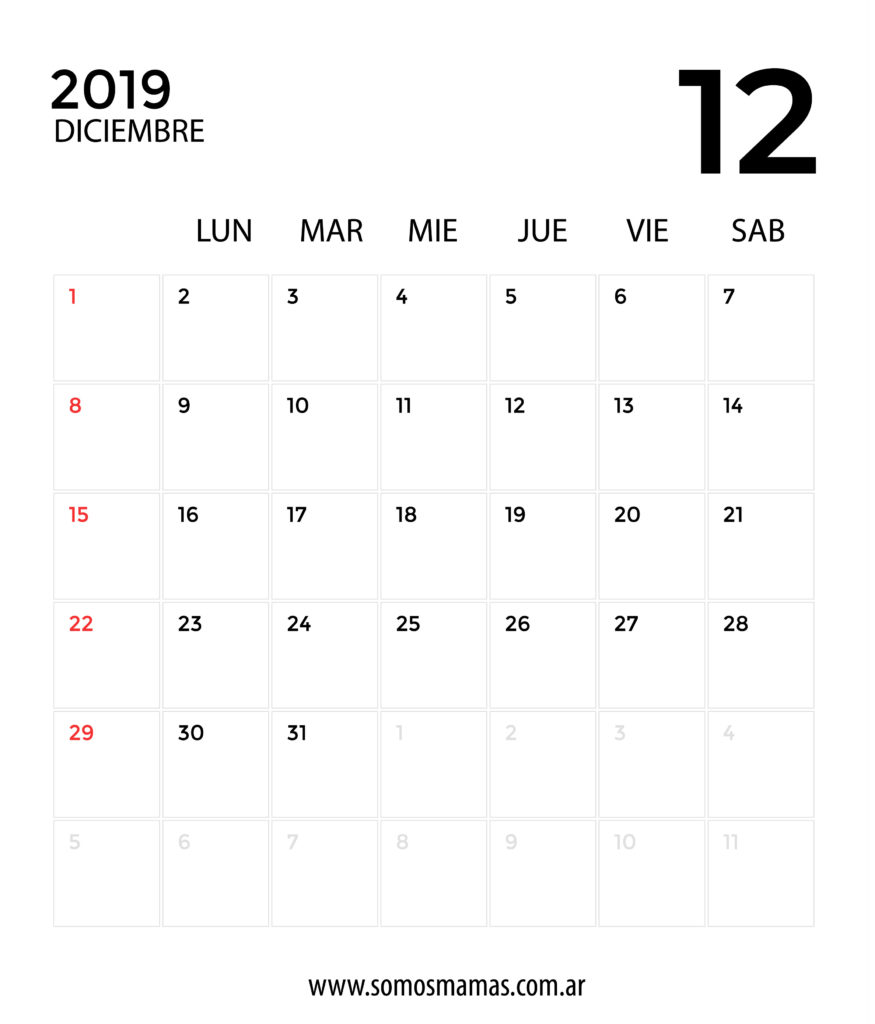 calendario 2019 diciembre