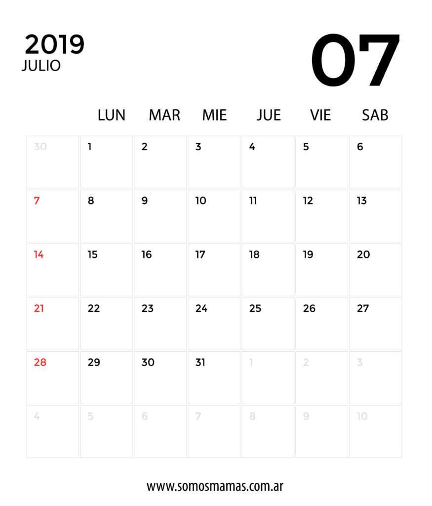 calendario 2019 julio