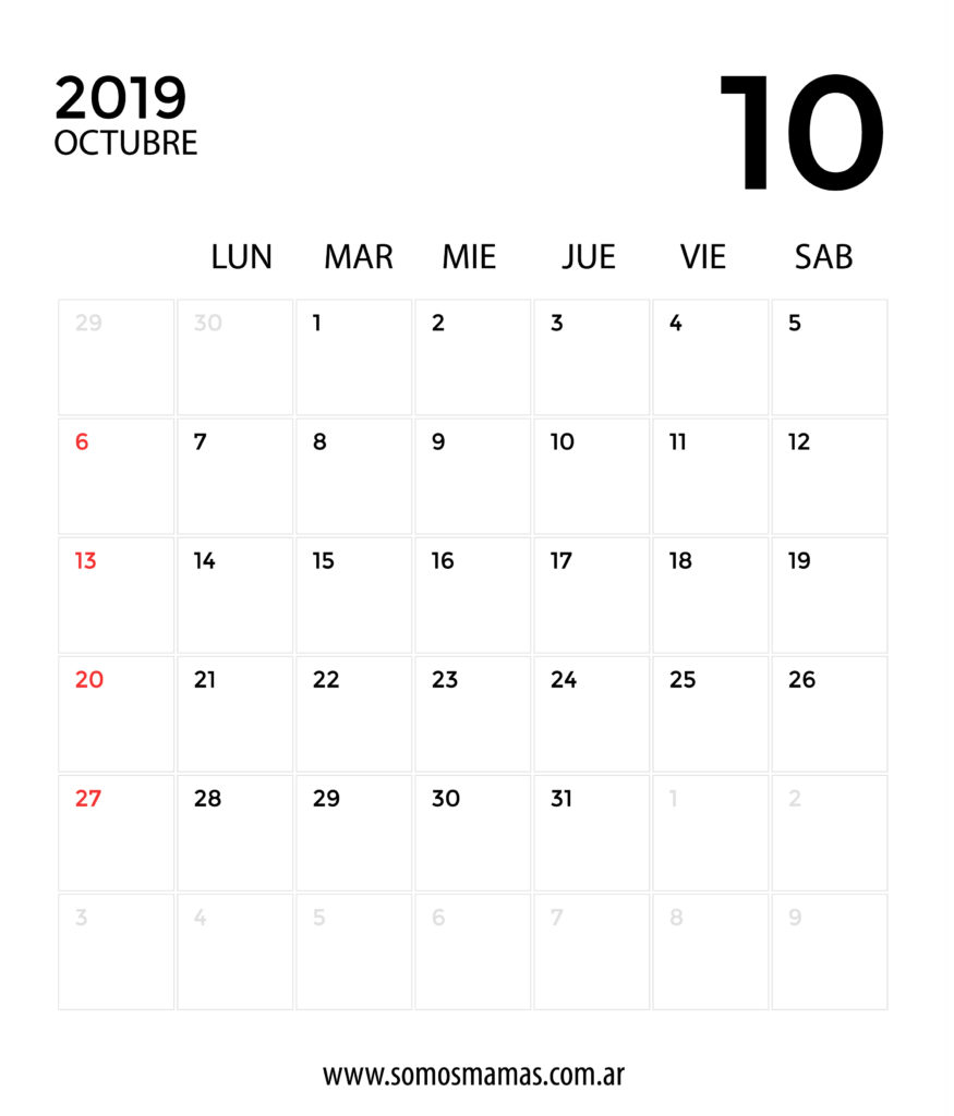 calendario 2019 octubre