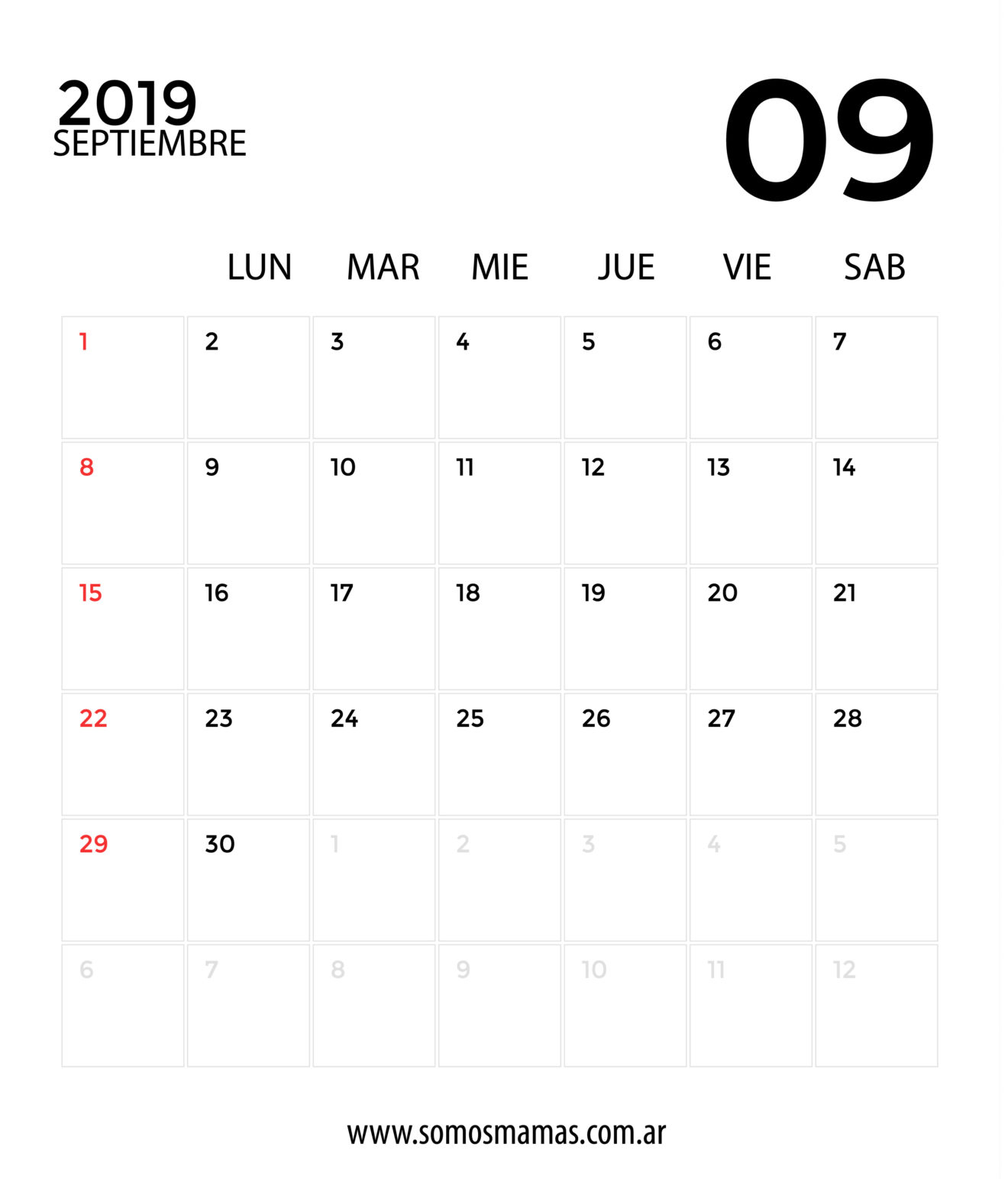 Calendarios mensuales para imprimir septiembre 2019