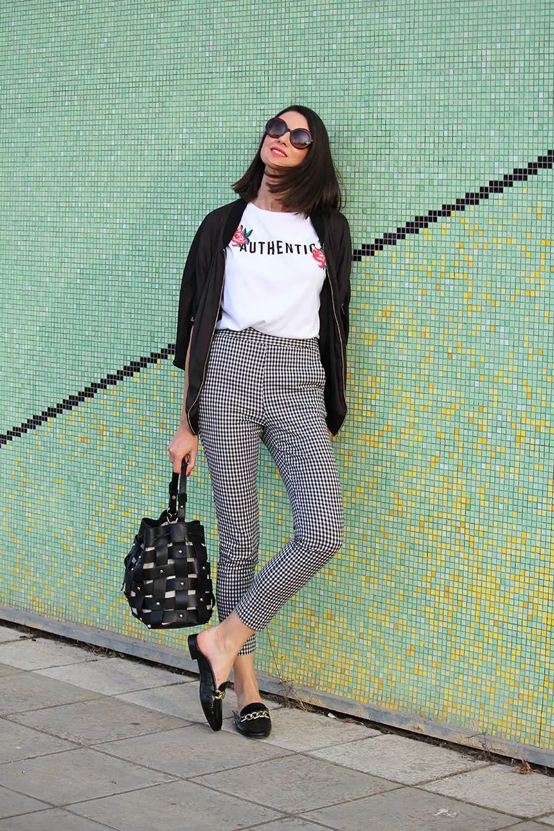 outfit pantalon gris cuadros Gran venta - OFF 60%