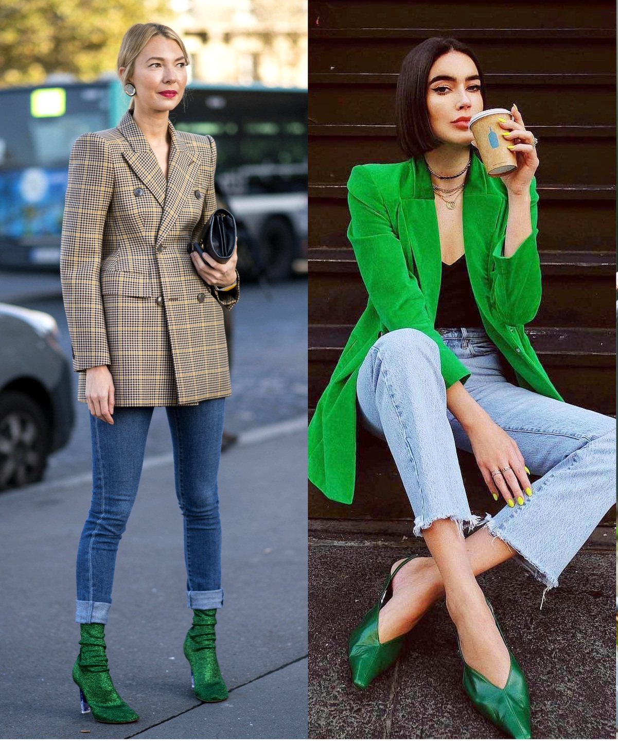 combinación de colores en ropa y zapatos de mujer 